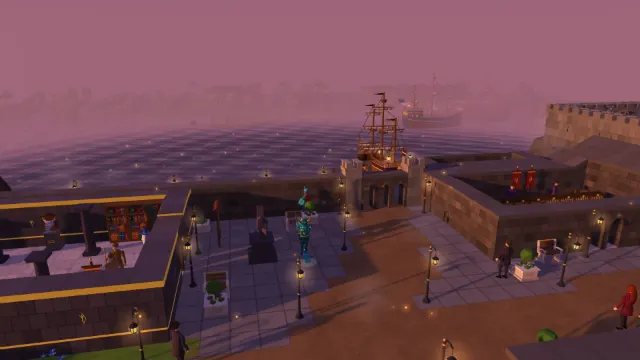 Duskhold at twilight: lantern-lit streets, a harbour wall and a tall ship on a violet sea, with a far coast in the haze.