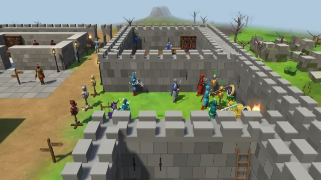 Inside a walled yard, players in bright armour swing godswords at straw dummies and shoot bows at target dummies, with signposts and a guard outside.