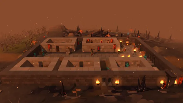A walled stone camp with red banners, braziers and a forge on dark volcanic ground, with glowing fire creatures and black crystals beyond, under an orange sky full of embers.