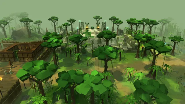 A misty jungle of tall trees with hanging vines around a stone temple with glowing braziers and statues.