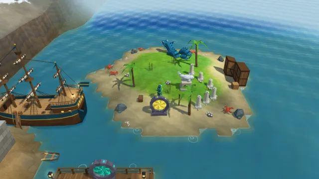 A small island seen from above, with palm trees, crabs, broken white pillars around a white statue, a golden portal and a blue sea serpent, the Leviathan; a sailing ship and a teal portal on a pier in front.