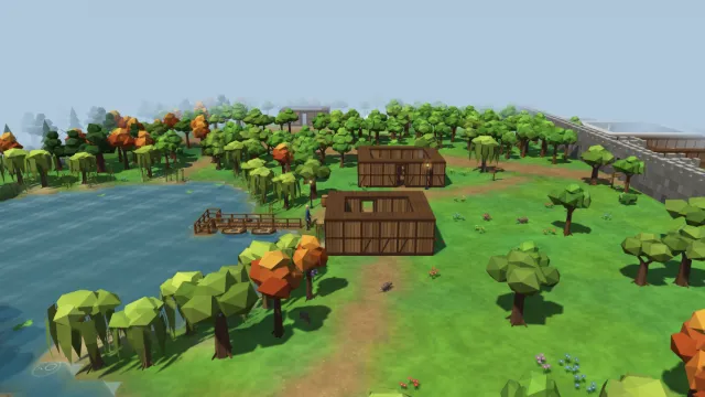 A calm lake with a small wooden pier, log cabins and a meadow among green and autumn-orange trees.