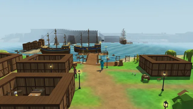 Timber houses and lamp posts line a path down to a pier where two tall ships are moored, with a third ship and a walled shore in the haze beyond.