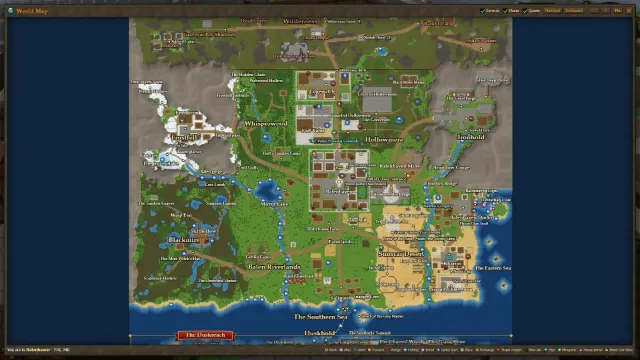The in-game world map, with Balenhaven in the middle, Frostfell, Whisperwood, Blackmire, the Sunscar Desert, Ironhold and the Wilderness around it.
