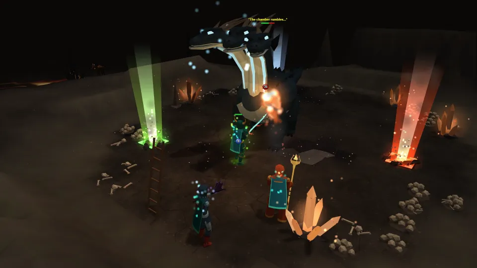 Three players fight the Pyrohydra, a huge three-headed hydra, in its dark lair; a fire spell strikes it between a green and a red geyser.
