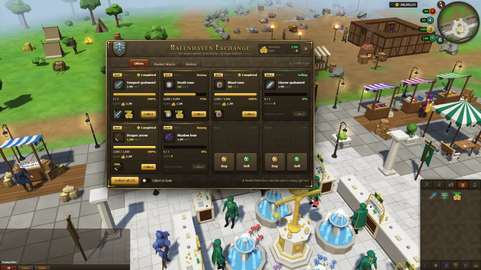 The Balenhaven Exchange window with buy and sell offers for godswords, runes, arrows and a Shadow bow, over the marble Exchange rotunda.