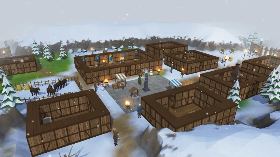 The snowy village of Frostheim: timber halls, braziers, snowmen, market stalls and a pen of yaks, under falling snow.