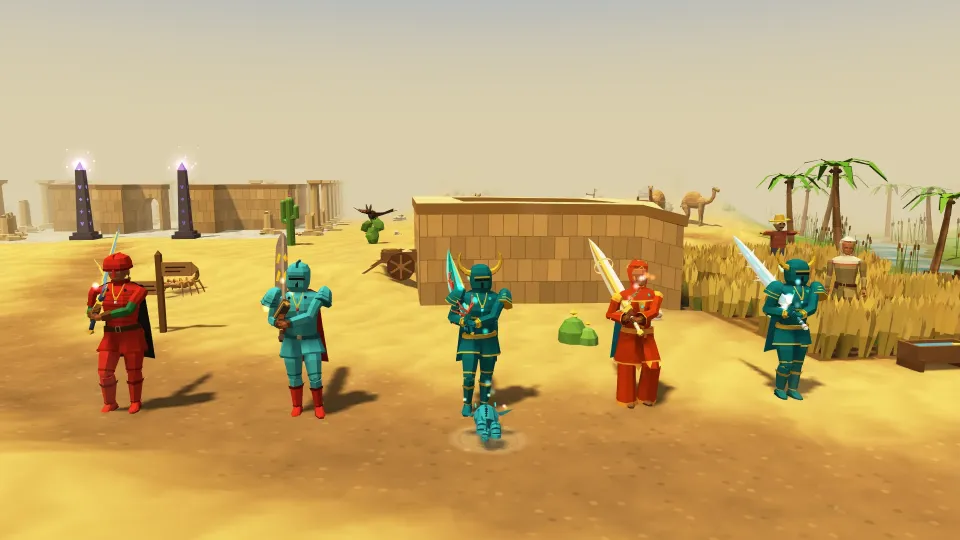 Five armoured players stand in a row in the desert, each holding a differently shaped godsword, with temple ruins, palm trees and camels behind them.