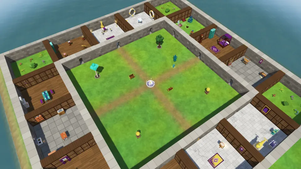 A player-owned manor seen from above: furnished rooms around a grassy courtyard with a pool and trees, on an island in the sea.