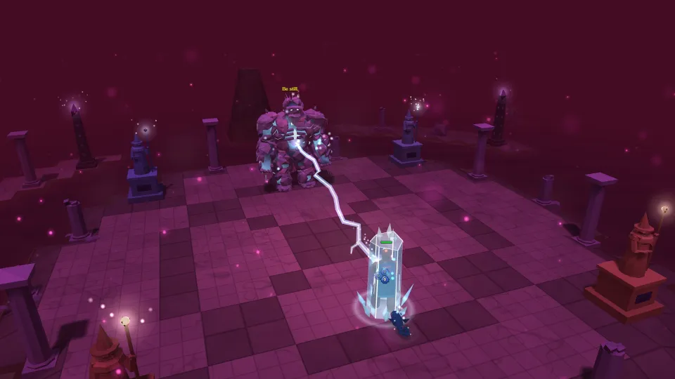 A player encased in ice casts a lightning bolt at the giant Avatar of the Glacier on a floating stone circle in a violet void.