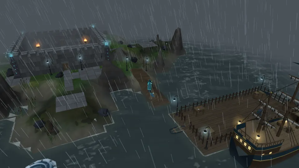 A walled keep with glowing rune pillars on a rocky isle in a rainstorm, with lamp posts, a wooden jetty and a sailing ship moored alongside.
