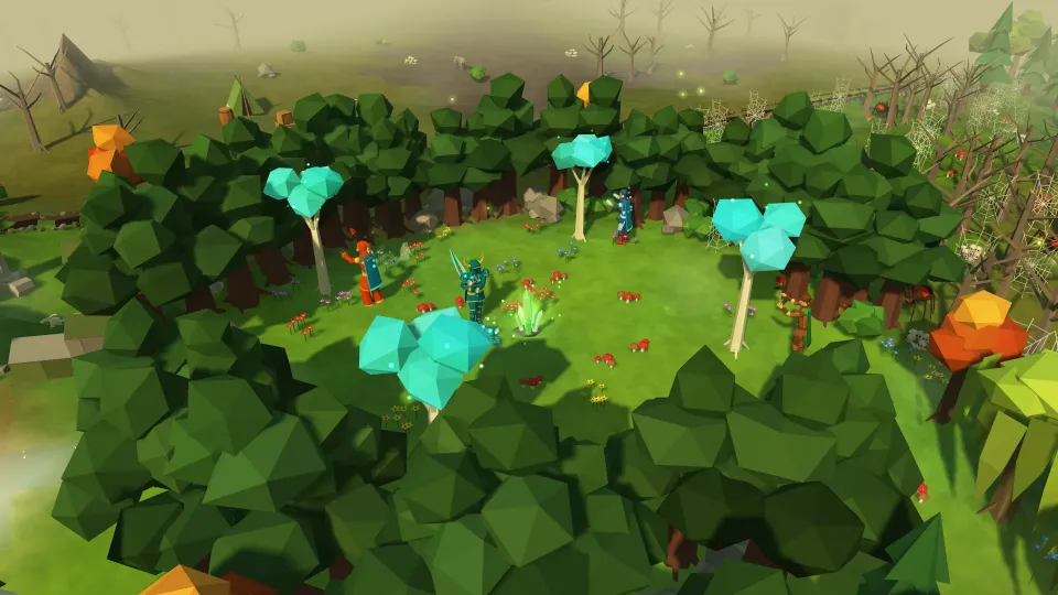 Players chop magic trees with glowing cyan leaves in a forest glade full of flowers and mushrooms.