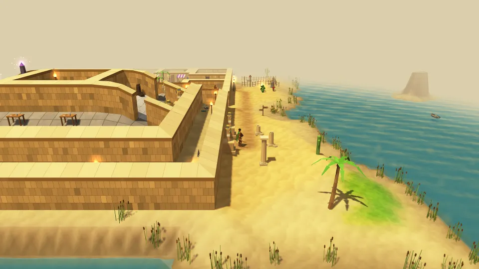 The sandstone walls of the pyramid seen from above, beside a sunny riverbank with palm trees, reeds and broken columns, where a player walks past.