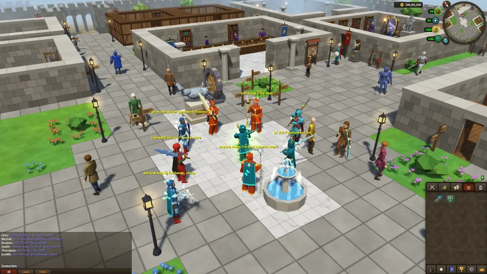 Players in armour and robes gather around the fountain on the plaza of Balenhaven, their chat shown above their heads, with the game interface around the view.