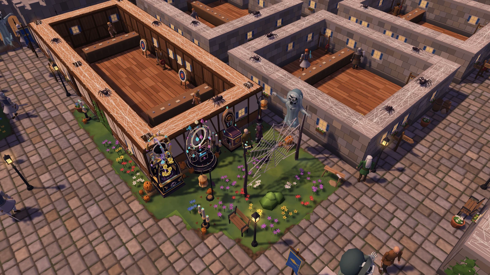 The Hollow Harvest coffer and Halloween decorations in Balenhaven, with Morrow nearby.