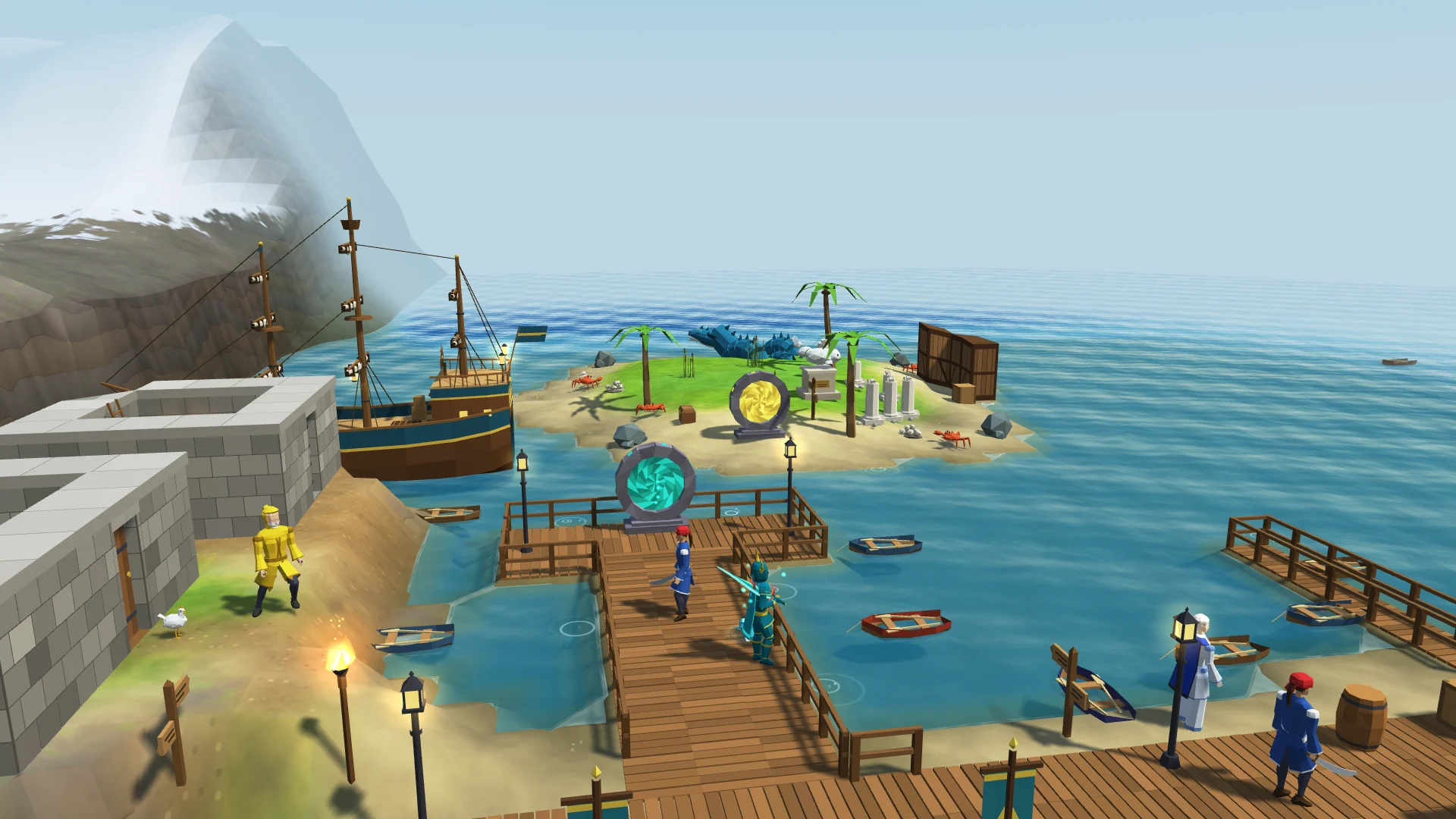 A wooden pier with a glowing portal at the Balenhaven Docks, a moored sailing ship and snowy cliffs, with Leviathan's Isle and the open sea beyond.